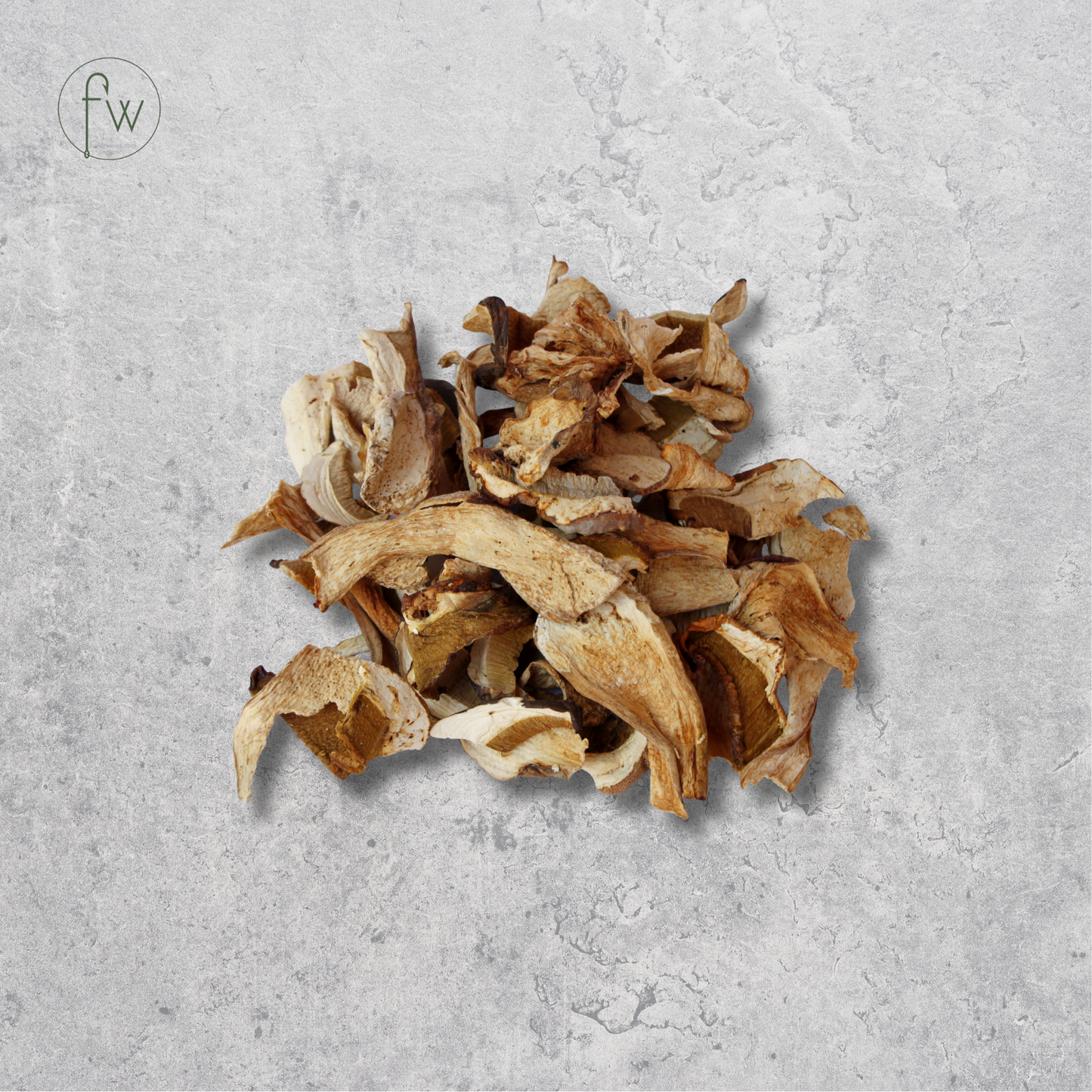 A small pile of dried mushroom slices in natural tan and brown tones, photographed on a light gray textured surface. A small circular 'fw' logo appears in the upper left corner.