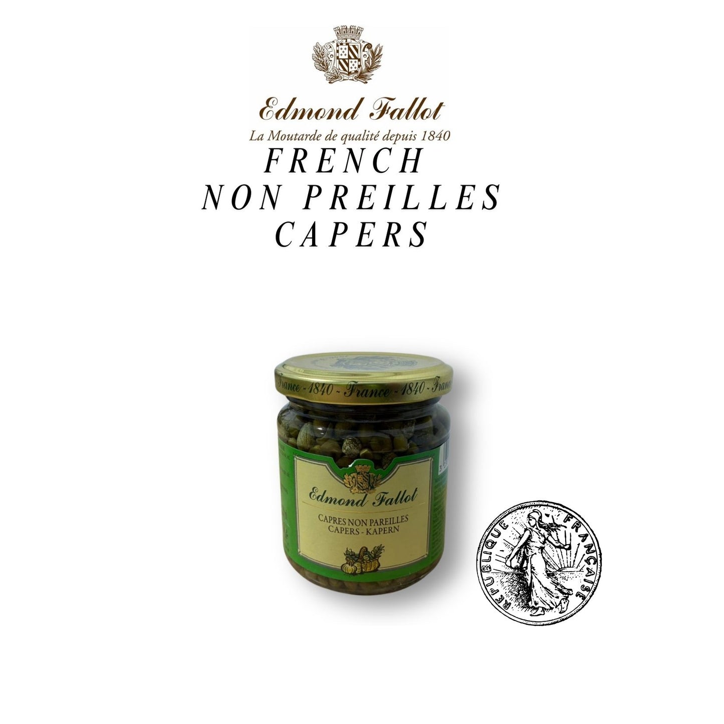 Jar of Edmond Fallot French Non Preilles Capers on a white background