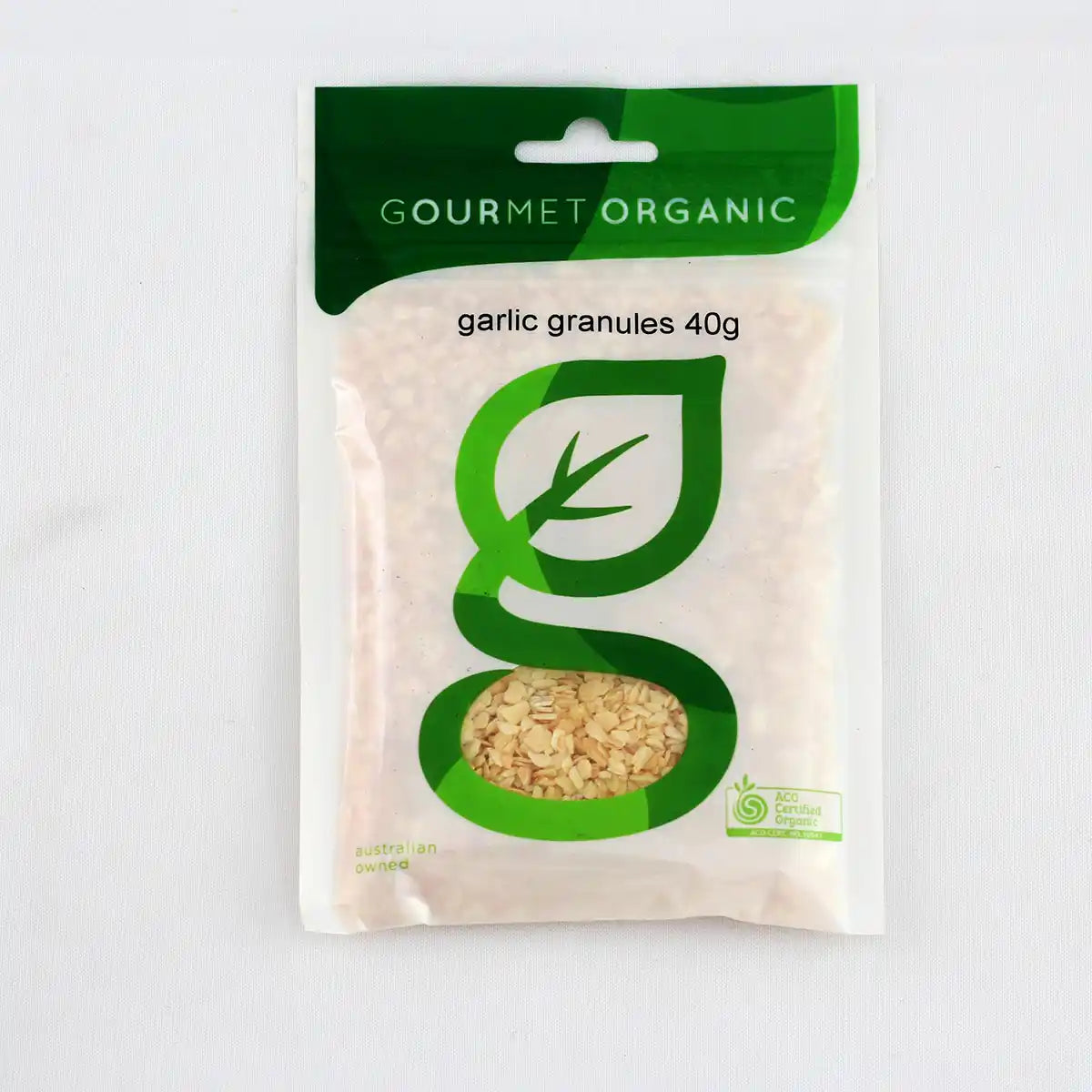 Garlic Granules spice packet on a white background.