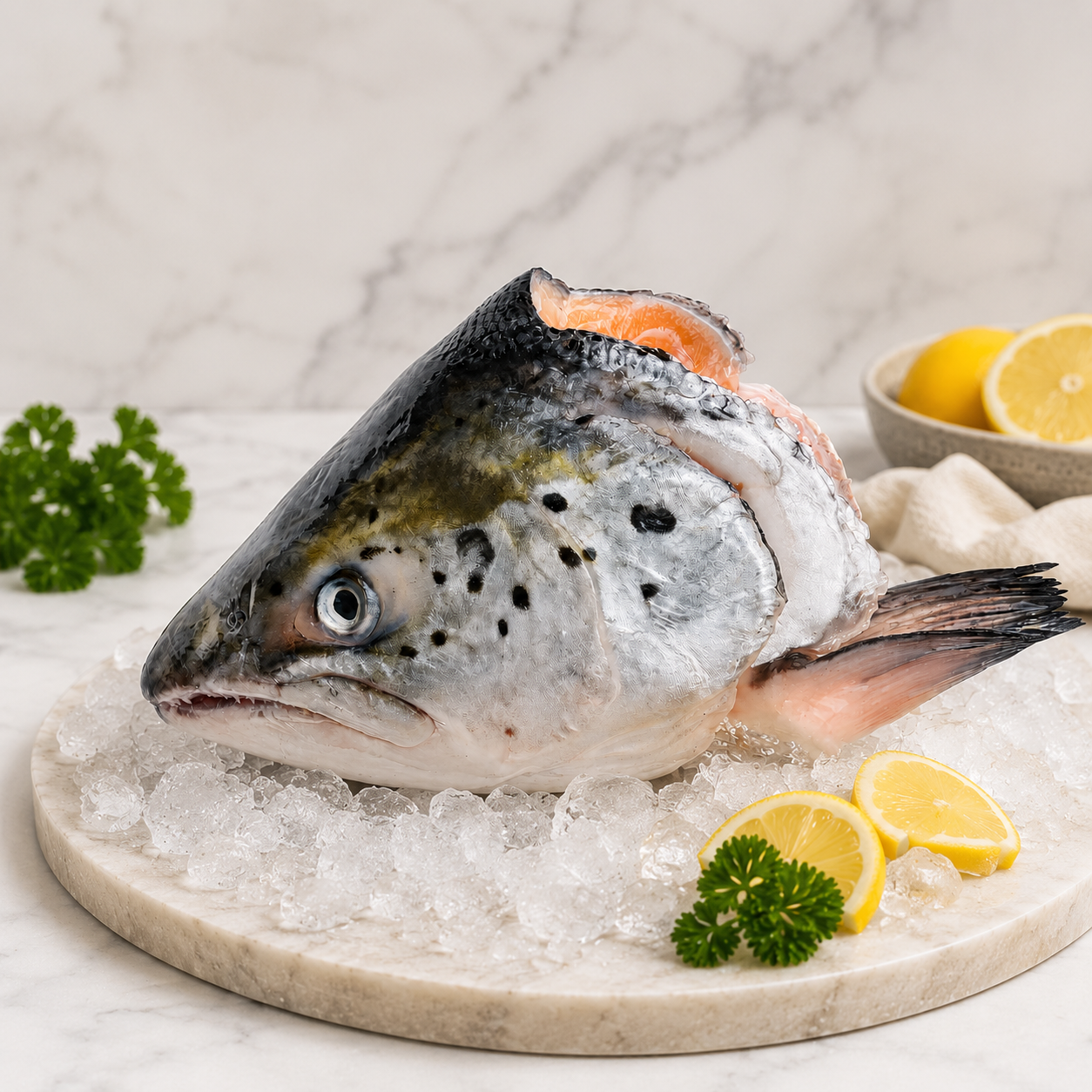 A whole raw salmon fish head displayed on crushed ice in a round marble platter, garnished with lemon slices and parsley, with a small bowl of lemons in the background.