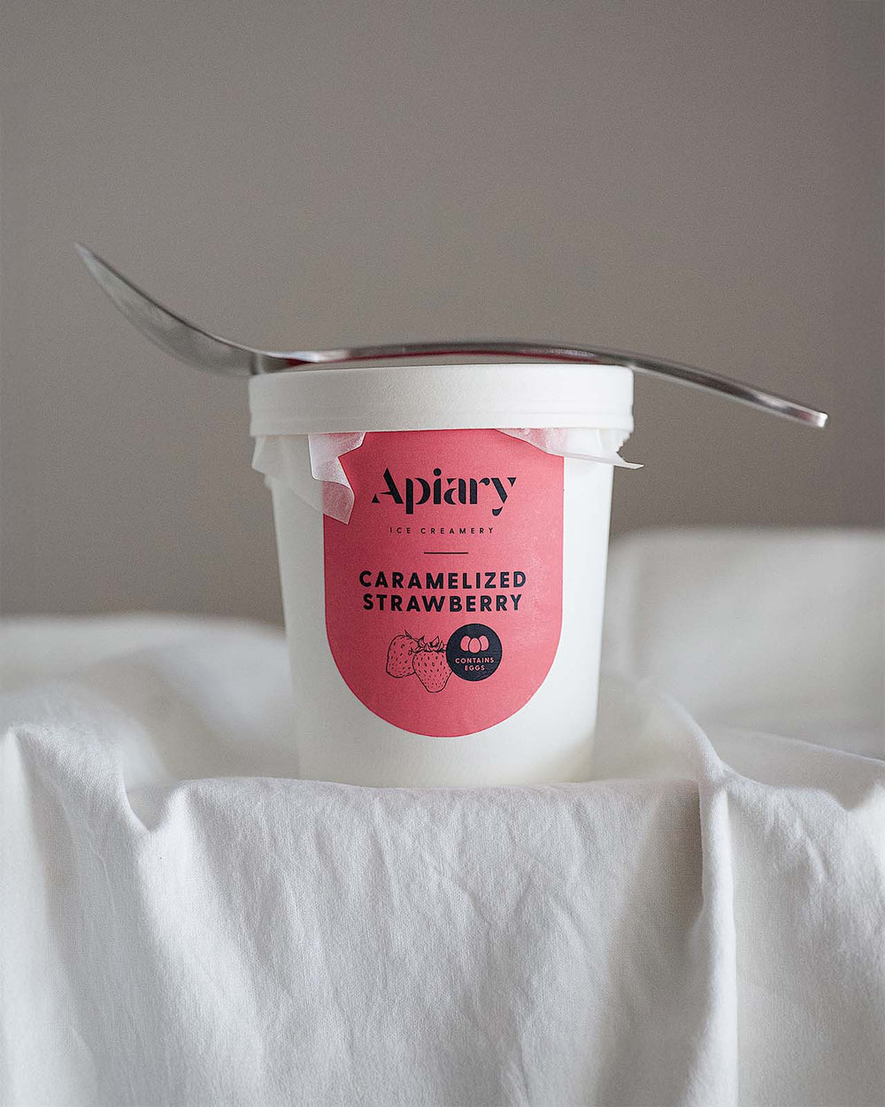 Caramelized Strawberry ice cream pint tub, Apiary Singapore.