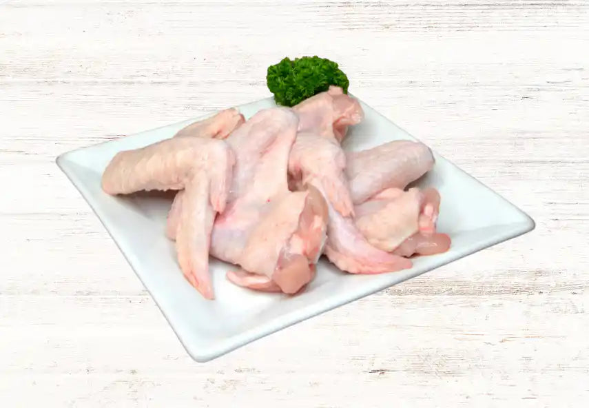 Certified organic chicken wings close-up.