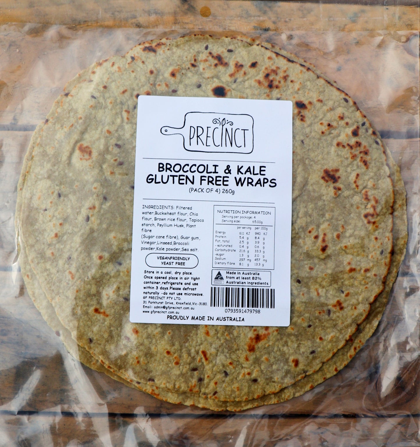 *Buy 1, Get 1 Free* Gluten Free Broccoli & Kale Wraps (Pkt of 4) 260g - GF Precinct, Australia (FROZEN)