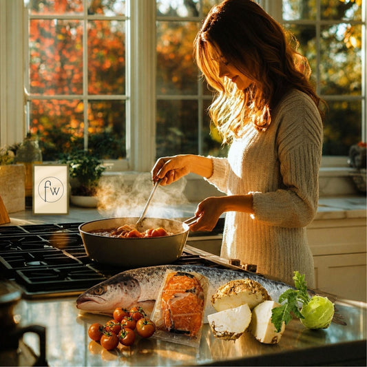 Woman cooking fresh seafood in a home kitchen with salmon fillet, fresh vegetables, and gourmet ingredients on the countertop.