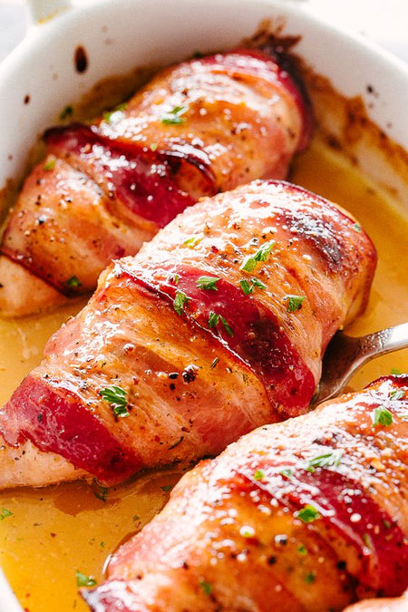 Bacon Wrapped Chicken Breasts with Maple Syrup Glaze