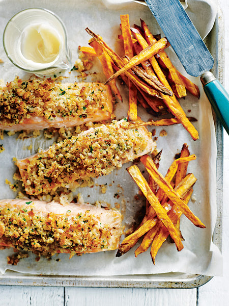 Crumbed Salmon with Sweet Potato Chips