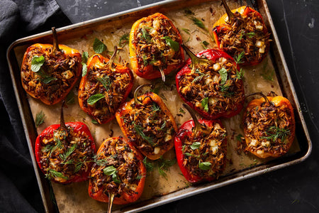 Stuffed Peppers with Lamb, Orzo & Haloumi
