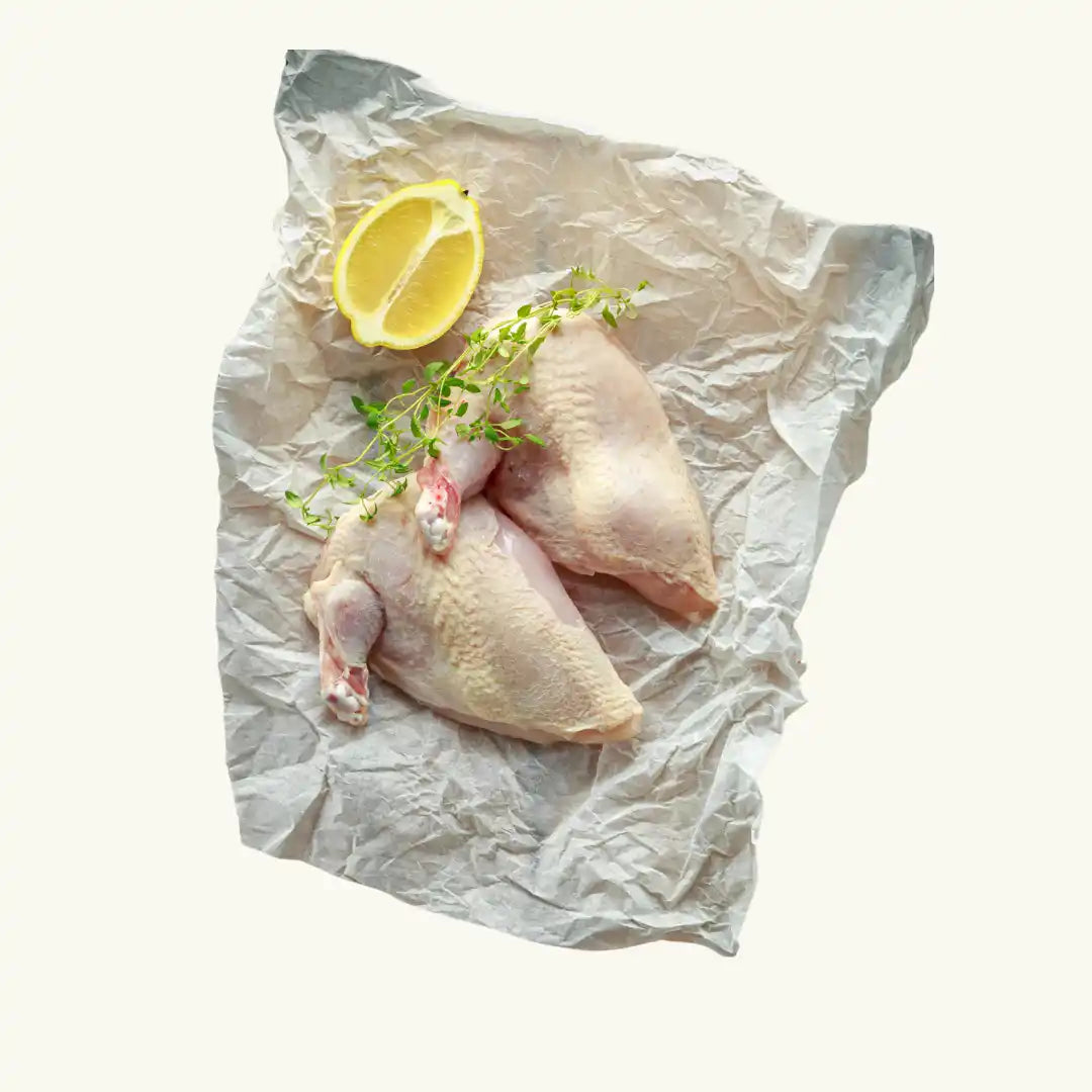 Marinated certified organic chicken breast supreme close-up.