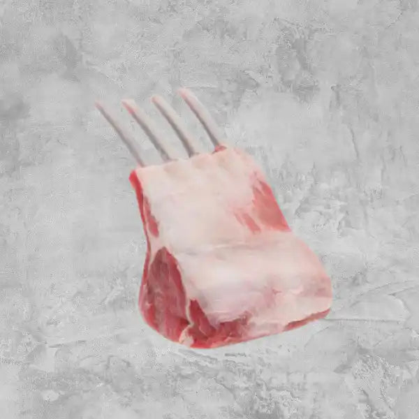 Chilled Frenched lamb rack, cap off, plated.