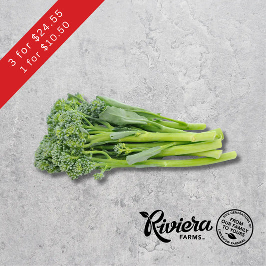 Baby broccoli, Riviera Farms, on a light background.