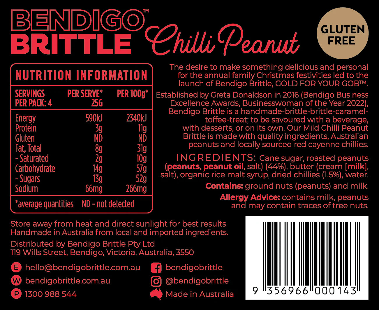 Chilli Peanut Brittle 100gm (Mild) -  Bendigo Brittle Company