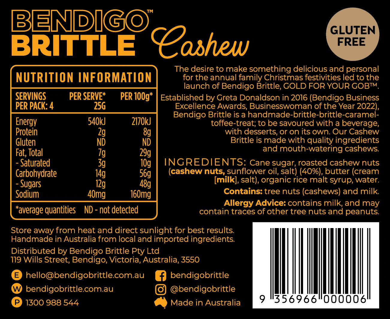 Cashew Nut Brittle 100gm -  Bendigo Brittle Company