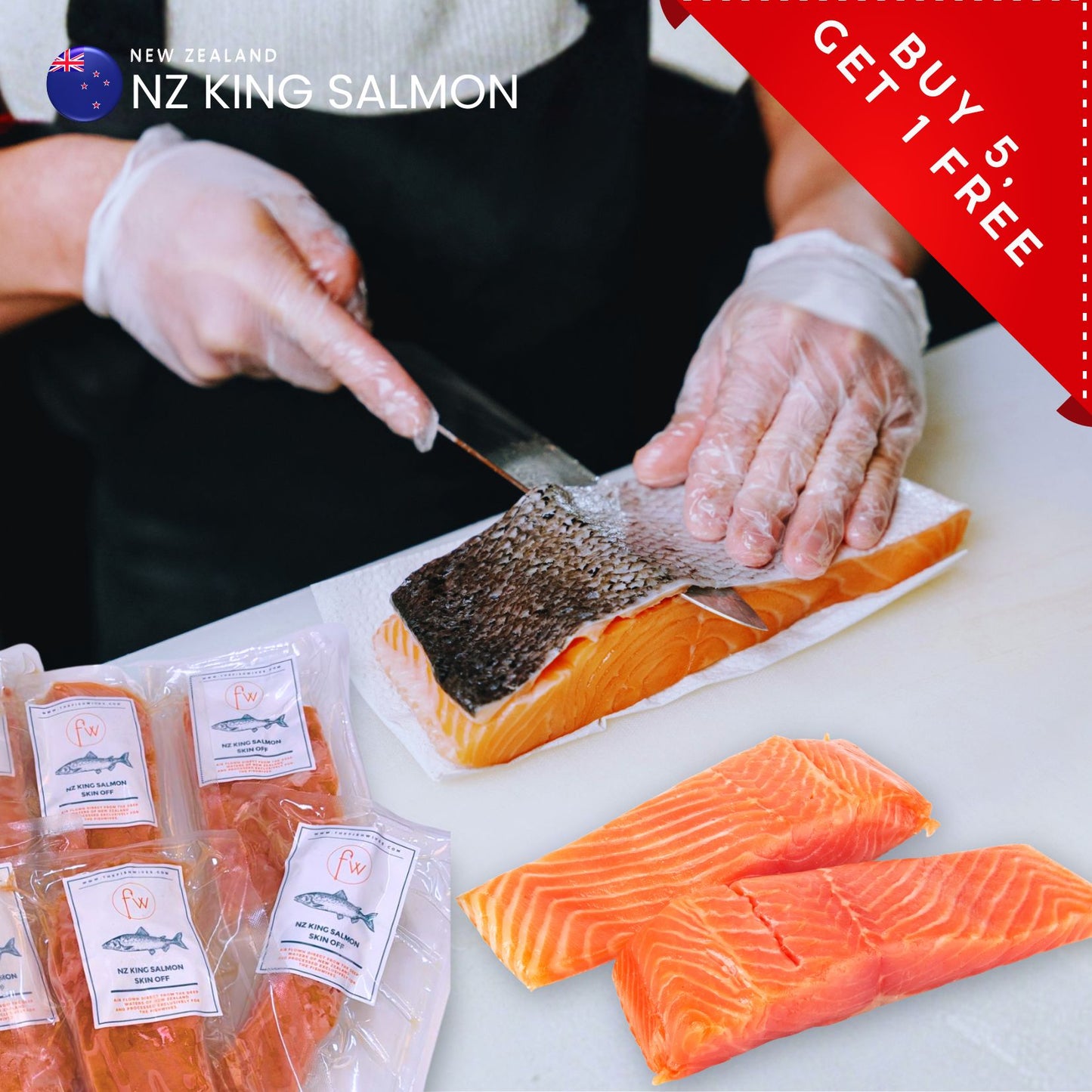 (Buy 5 Get 1) NZ King Salmon Skin Off Single Portion 180g (IQF FROZEN)