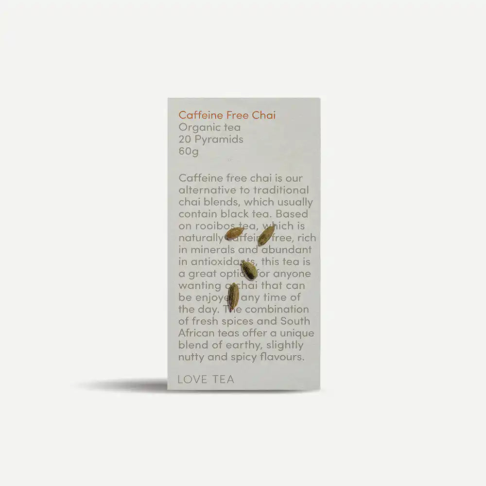 Caffeine Free Chai pyramid tea box packaging.
