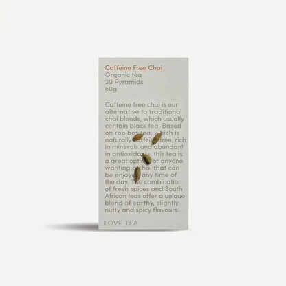 Caffeine Free Chai pyramid tea box packaging.