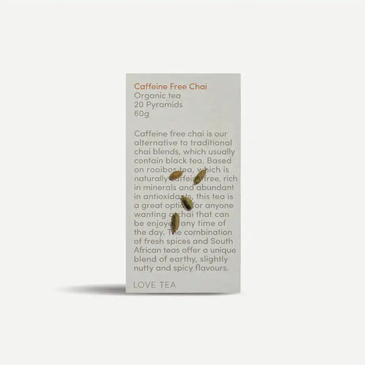 Caffeine Free Chai pyramid tea box packaging.