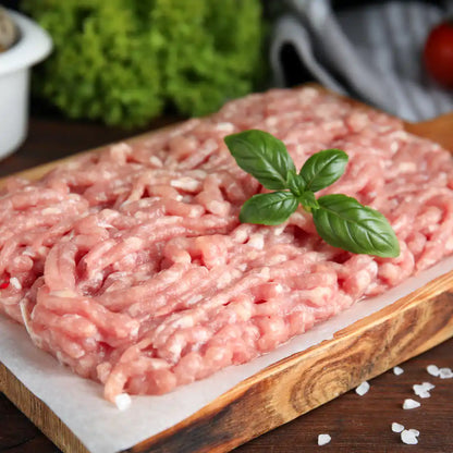 Certified organic chicken breast mince close-up.