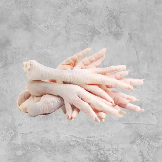 Certified organic chicken's feet on a light background.
