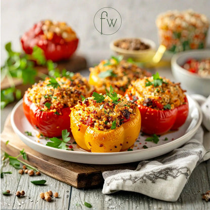 Stuffed bell peppers on a plate with herbs and spices on a wooden table.