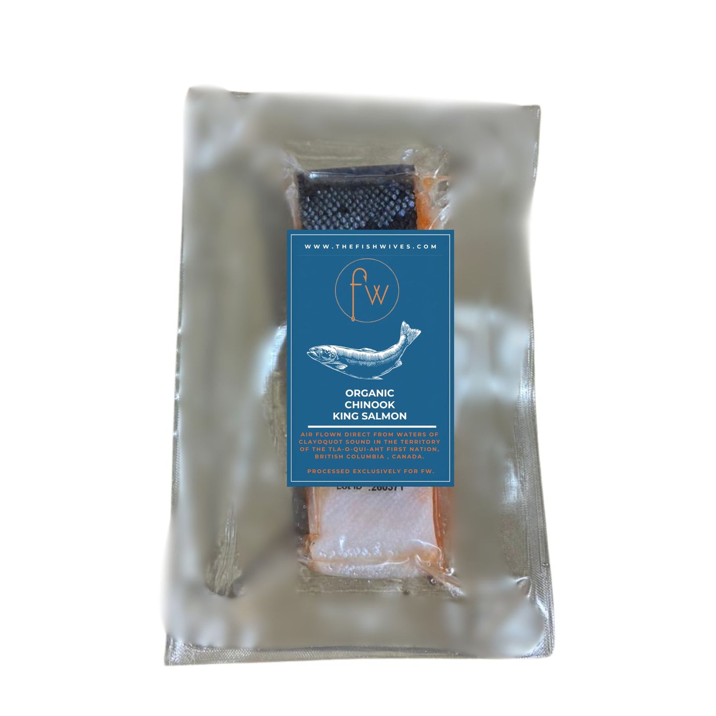 Packaged organic chinook king salmon with a label on a white background