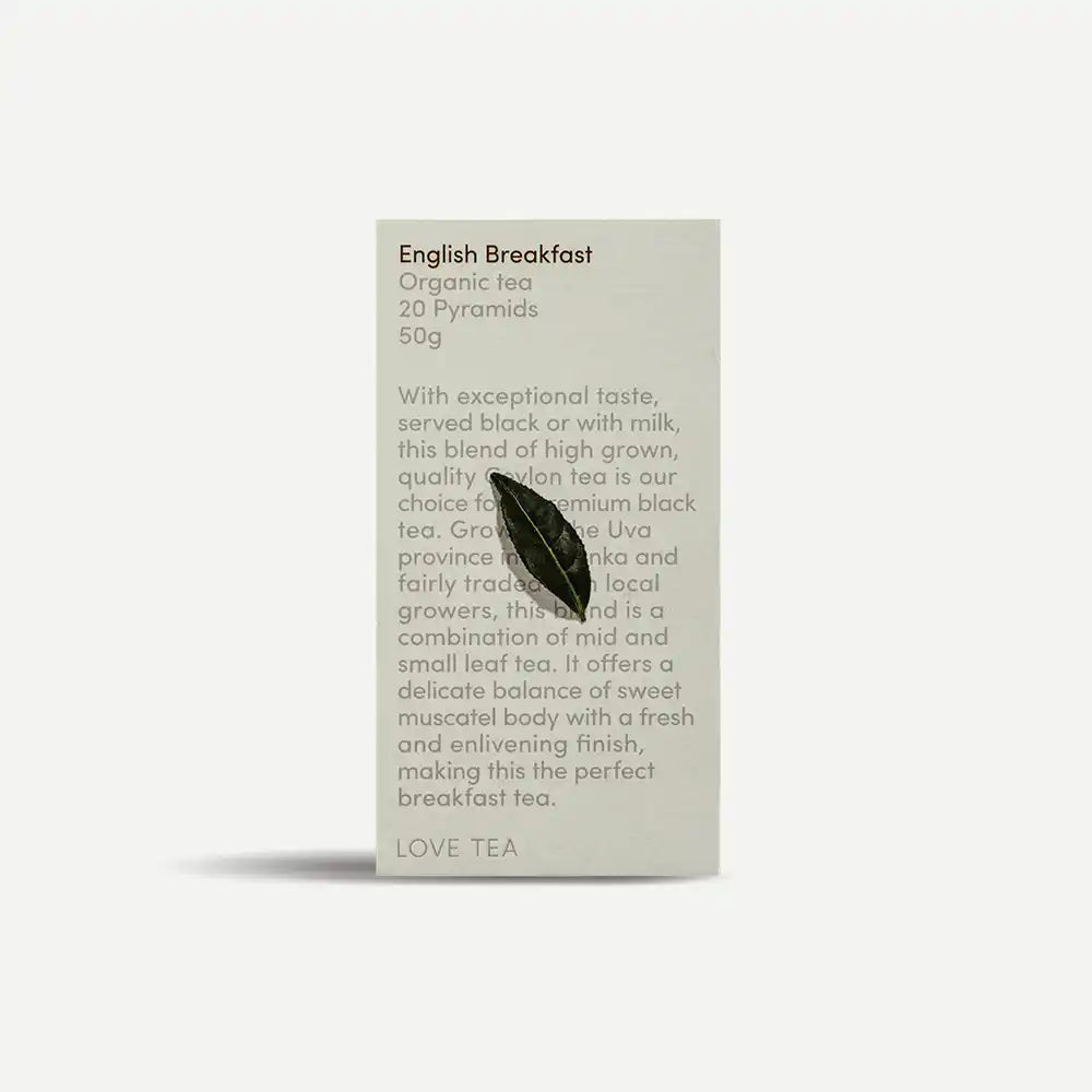 English Breakfast Tea pyramid tea box packaging.