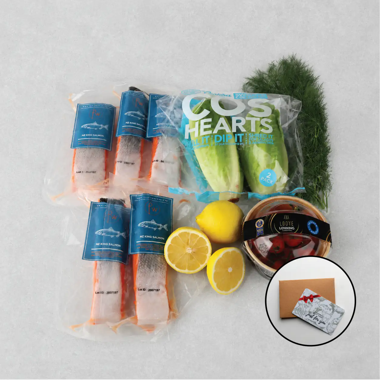 Royal Harvest NZ King Salmon Gift Hamper contents laid out.