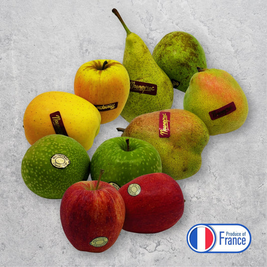Assorted apples and pears with 'Produce of France' label on a textured surface