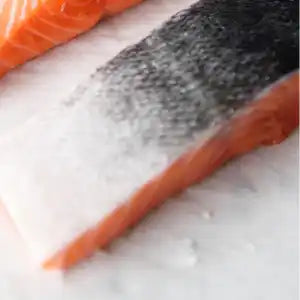 New Zealand King Salmon fillet, frozen, on a light background.