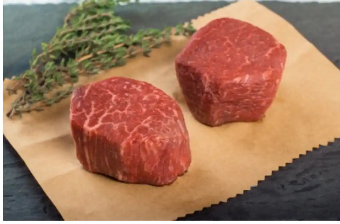 Marinated Cape Grim grass-fed beef eye fillet, cooked and plated.