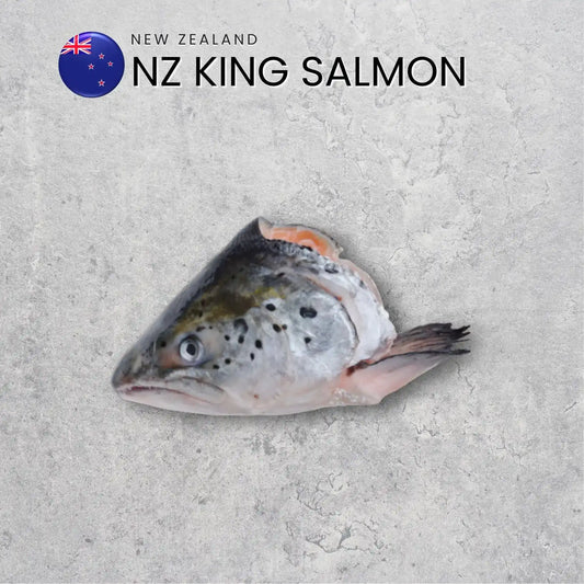 New Zealand King Salmon on a light gray background with New Zealand flag.