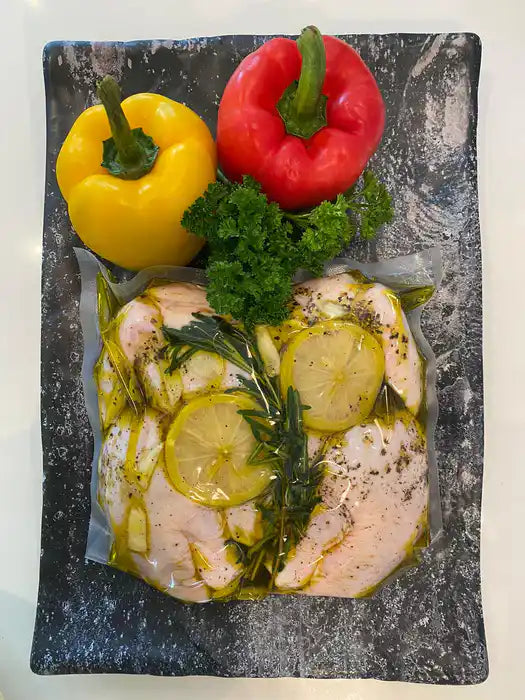 Lemon and garlic marinade option for butterflied whole chicken.