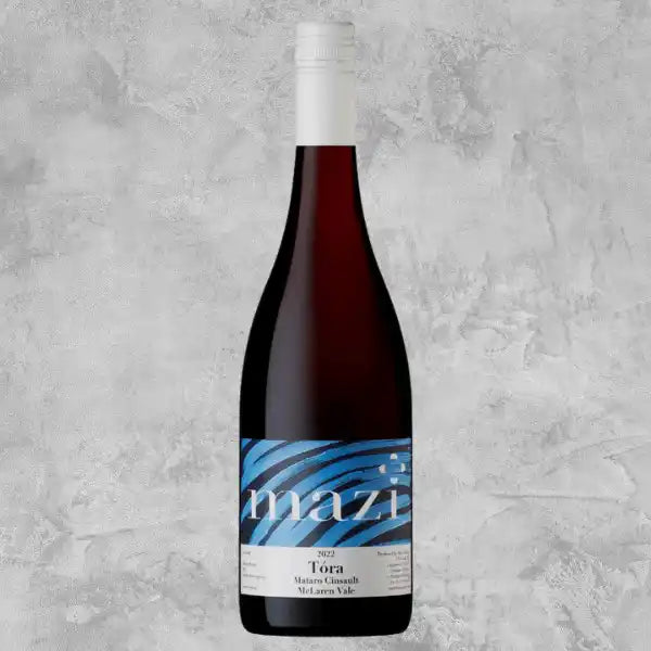 2022 Mazi 'Tora' Mataro Cinsault wine bottle on a light background.