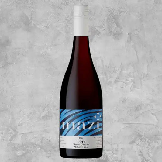 2022 Mazi 'Tora' Mataro Cinsault wine bottle on a light background.