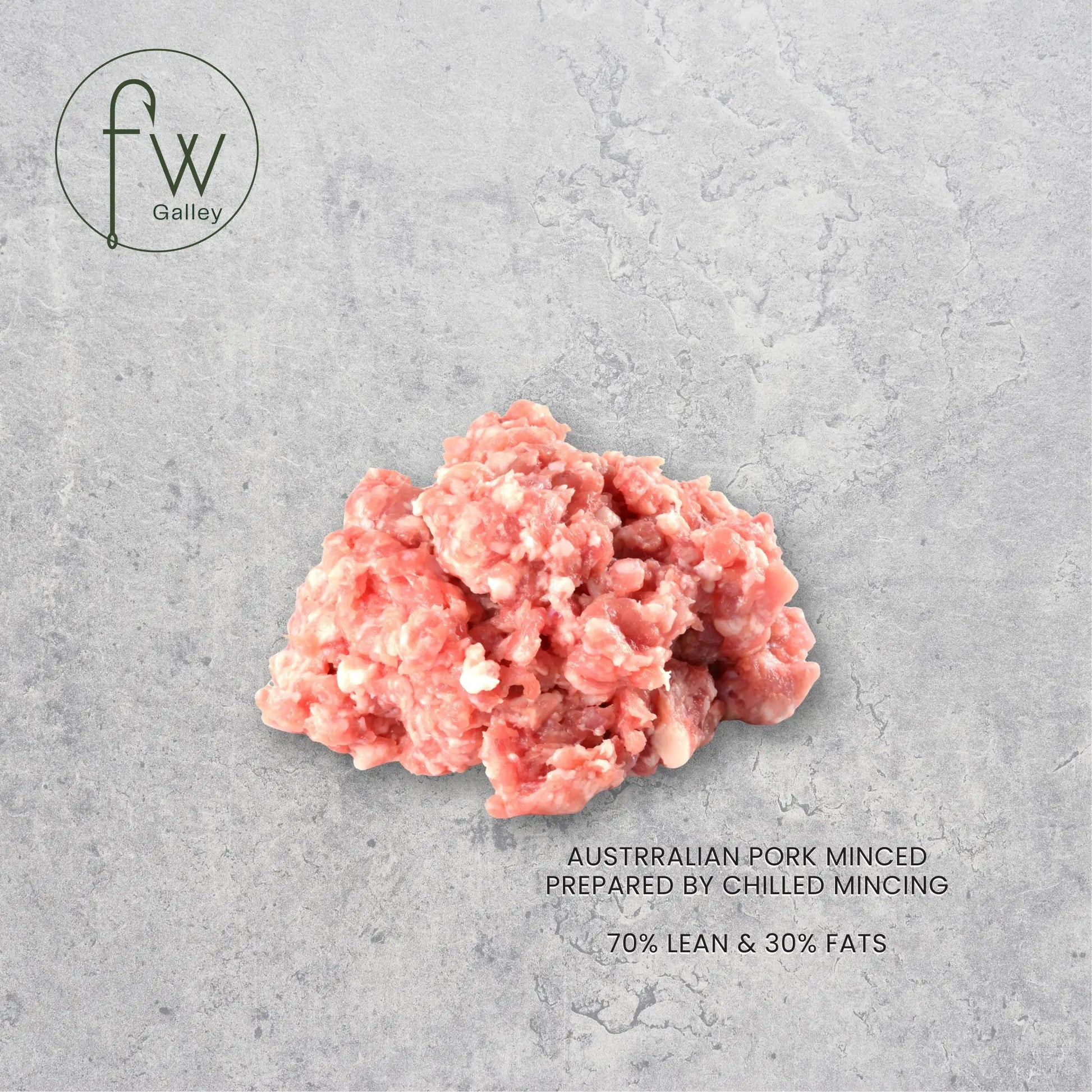 Pile of ground Australian pork on a gray background with branding and product details.