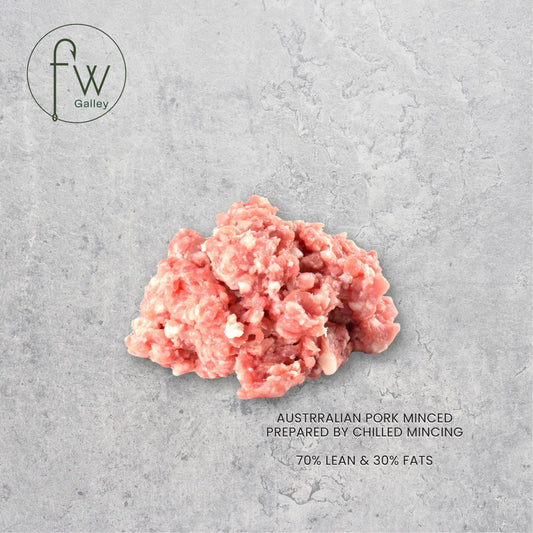 Pile of ground Australian pork on a gray background with branding and product details.