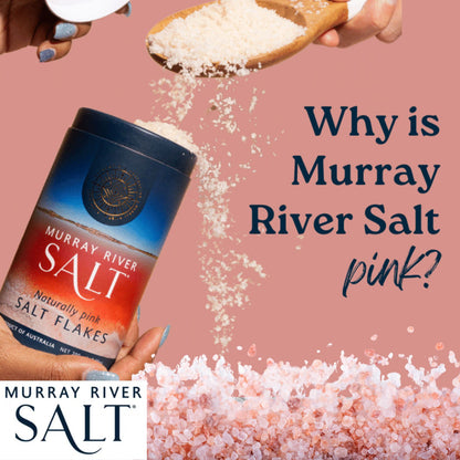 Murray River Salt product with pink salt flakes on a pink background