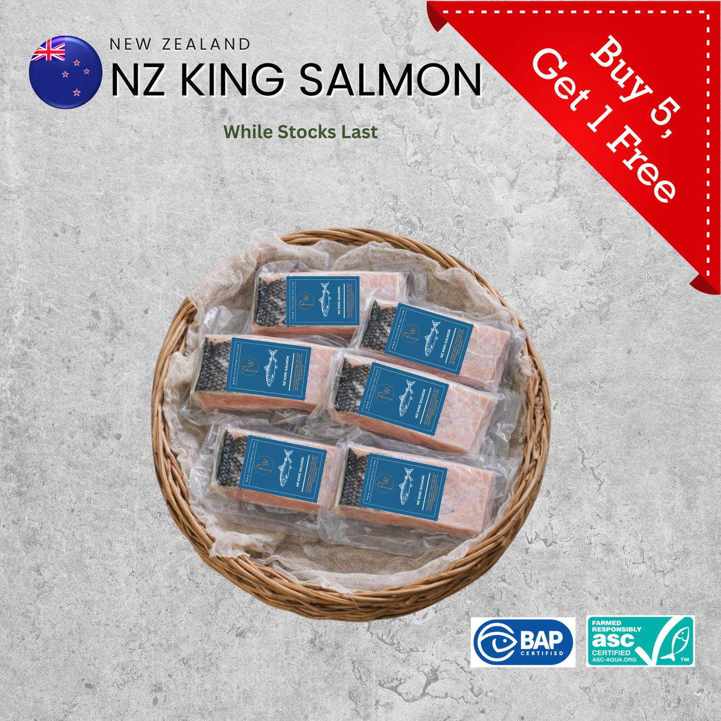 (Buy 5 Get 1 ) NZ King Salmon Skin On Single Portion 180g (IQF Frozen)