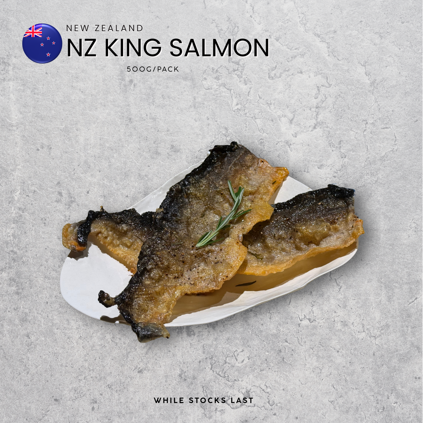 New Zealand King Salmon skin portion close-up.