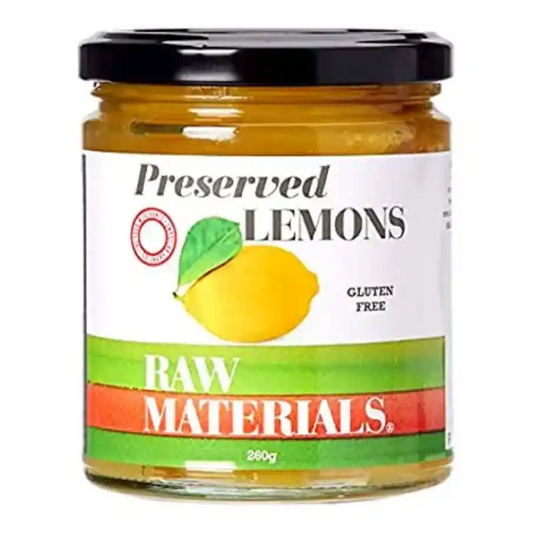 Raw Materials preserved lemons jar on a light background.