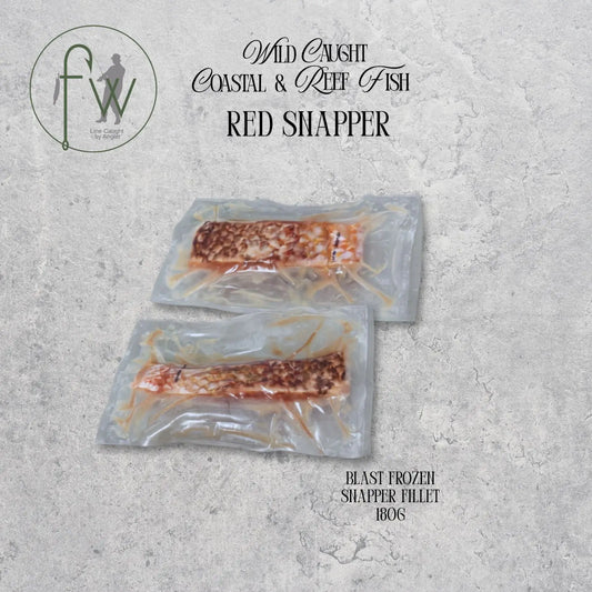 Two vacuum-sealed packages of red shapper fish fillets on a gray background with 'fw' logo.
