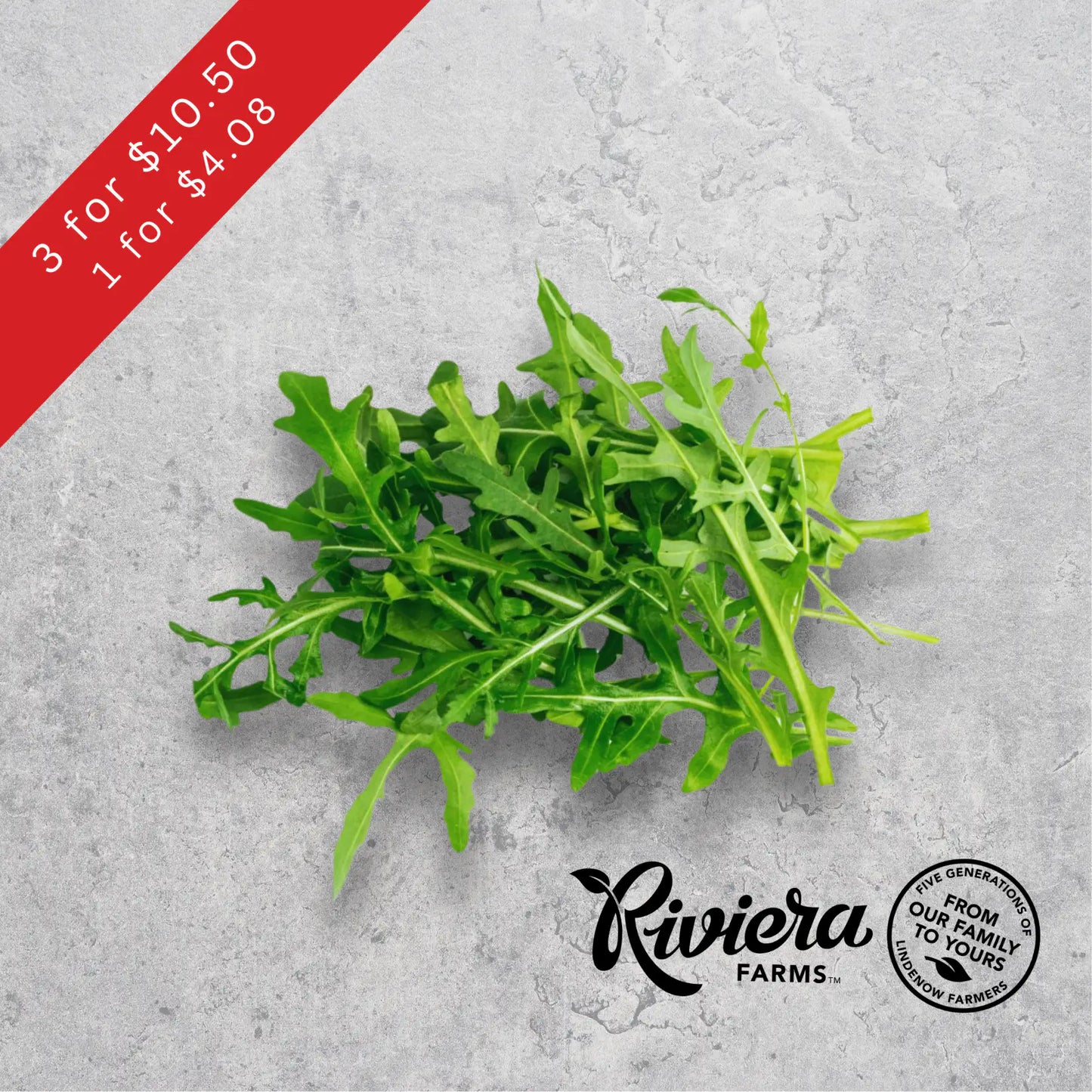 Rocket salad leaves, Riviera Farms, on a light background.