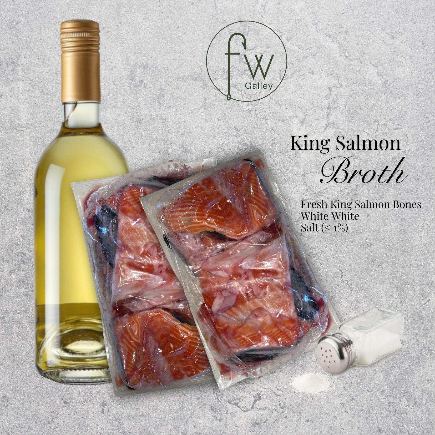 Packaged king salmon broth with a bottle of white wine on a gray background, featuring the brand 'fw Galley'.
