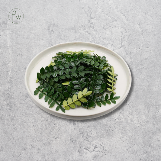 A pile of fresh green leaves, including small oval-leaf varieties and leafier greenery, arranged on a round off-white ceramic plate against a textured light gray background.