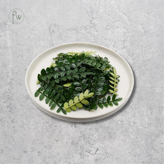 A pile of fresh green leaves, including small oval-leaf varieties and leafier greenery, arranged on a round off-white ceramic plate against a textured light gray background.