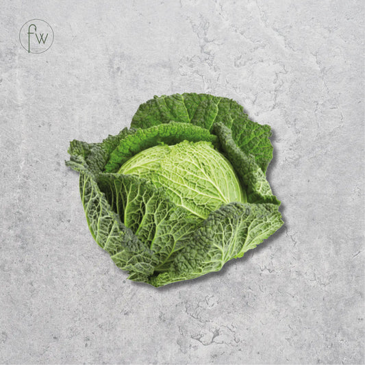 A whole head of green cabbage with textured, slightly wrinkled leaves, isolated on a light gray concrete-textured background with a small circular 'fw' logo in the top-left corner.