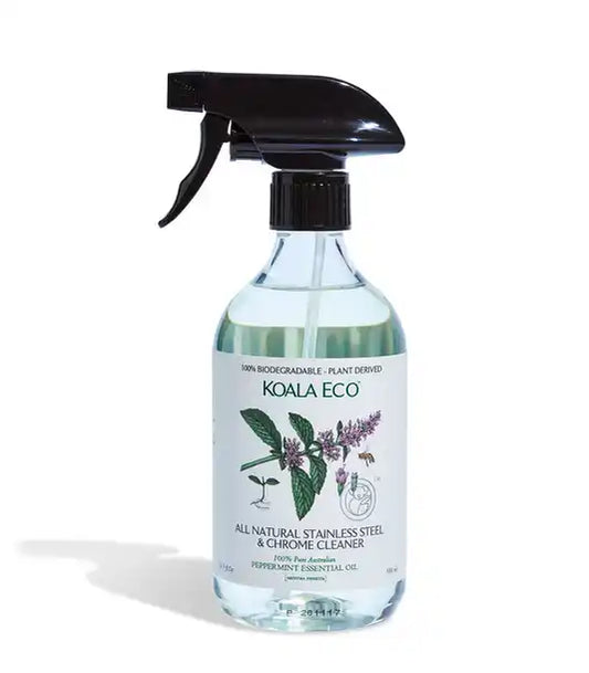 Koala Eco All Natural Stainless Steel & Chrome Cleaner spray bottle on a white background.