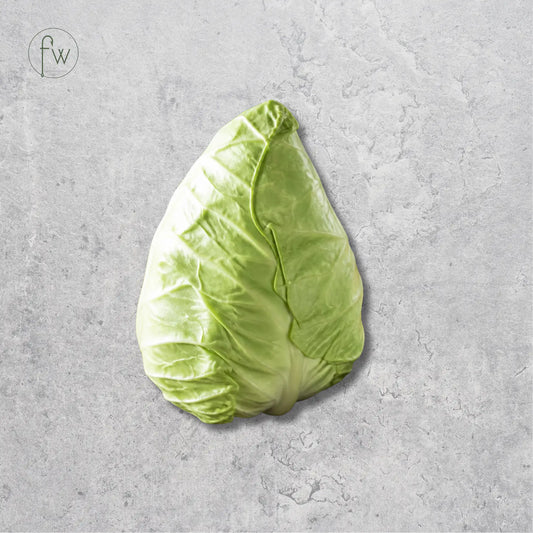 A single head of light green cabbage photographed from above on a textured light gray surface. A small circular 'fw' logo appears in the upper left corner.