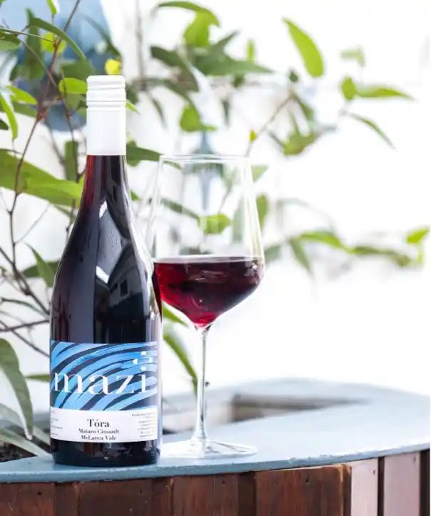 2022 Mazi 'Tora' Mataro Cinsault red wine bottle label close-up.