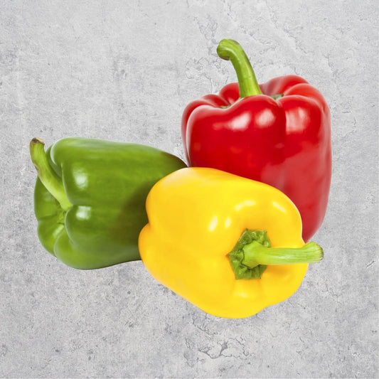 Baby mixed capsicum, three colours, on a light background.