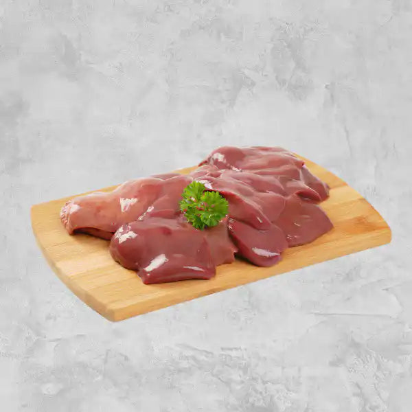 Certified organic chicken livers on a light background.